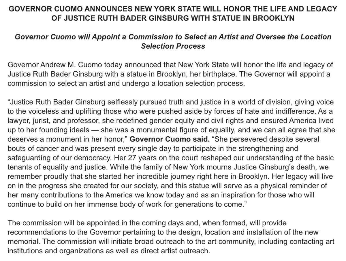 NYGovCuomo's tweet image. #BREAKING: New York will honor the life and legacy of Justice Ruth Bader Ginsburg with a statue in Brooklyn, her birthplace.
This statue will serve as a physical reminder of Justice Ginsburg's monumental contributions to the America we know today and as an inspiration for all.