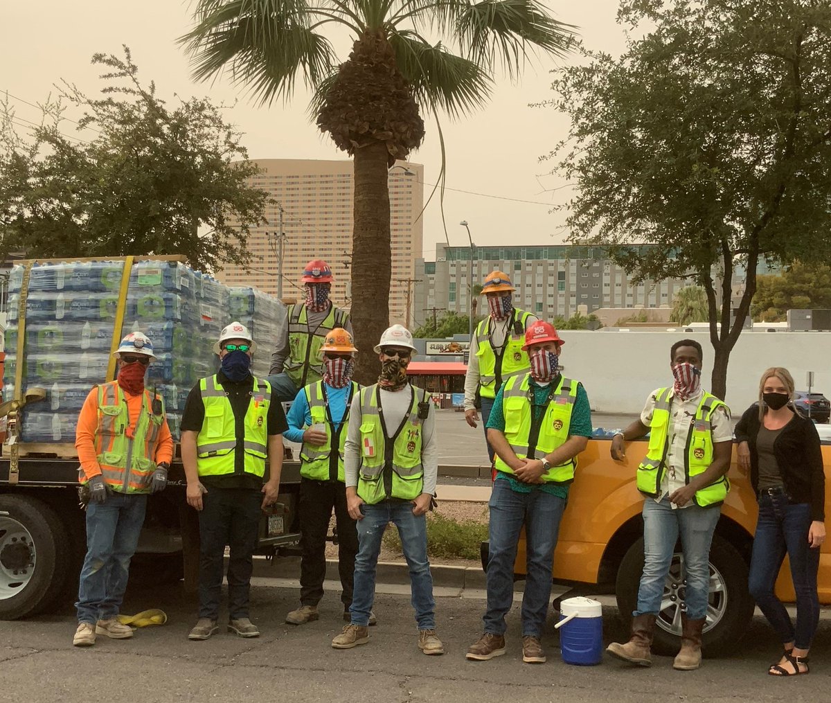 HenselPhelps's tweet photo. This team of masked superheroes are ready to deliver 4,750 bottles of water and a cash donation to @phxmission for Phoenix Rescue Mission’s Code:Red Summer Heat Relief Program. #PhxCodeRed #BetterTogether #Community https://t.co/rStSm6ihK4