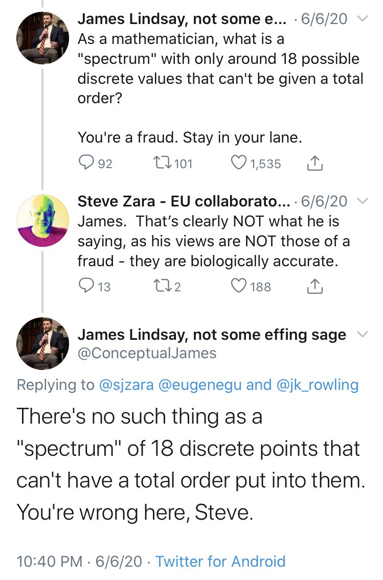 Lindsay doubling down on his linear algebra error:"There's no such thing as a "spectrum" of 18 discrete points that can't have a total order put into them. You're wrong here, Steve."