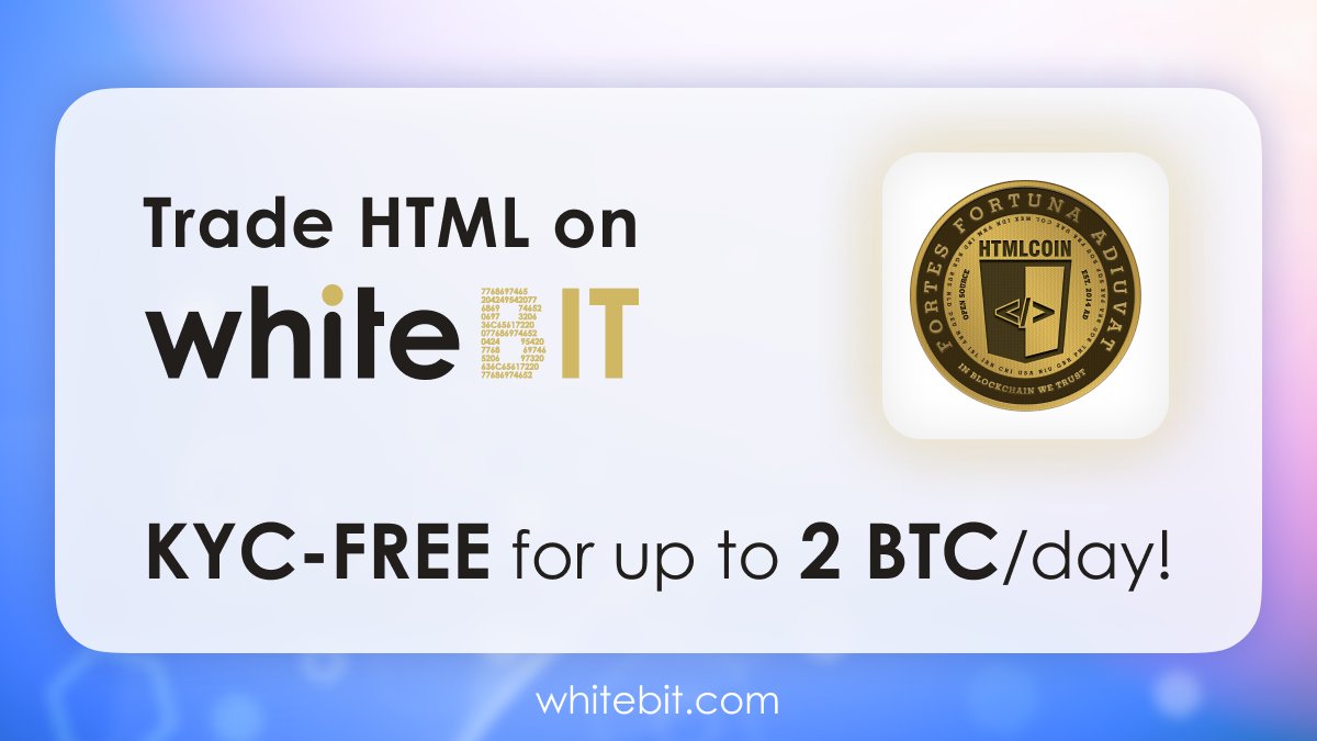 HTMLCOIN's tweet photo. We are excited to announce that our partner exchange @WhiteBit6 has made it much easier to trade HTML! 

Deposit any amount in crypto and withdraw up to 2 BTC/day WITHOUT KYC! 

Sign up via this link and get 0% trading fee for 14 days:

https://t.co/kJ8C5RorRT https://t.co/tn45kXh0Fp