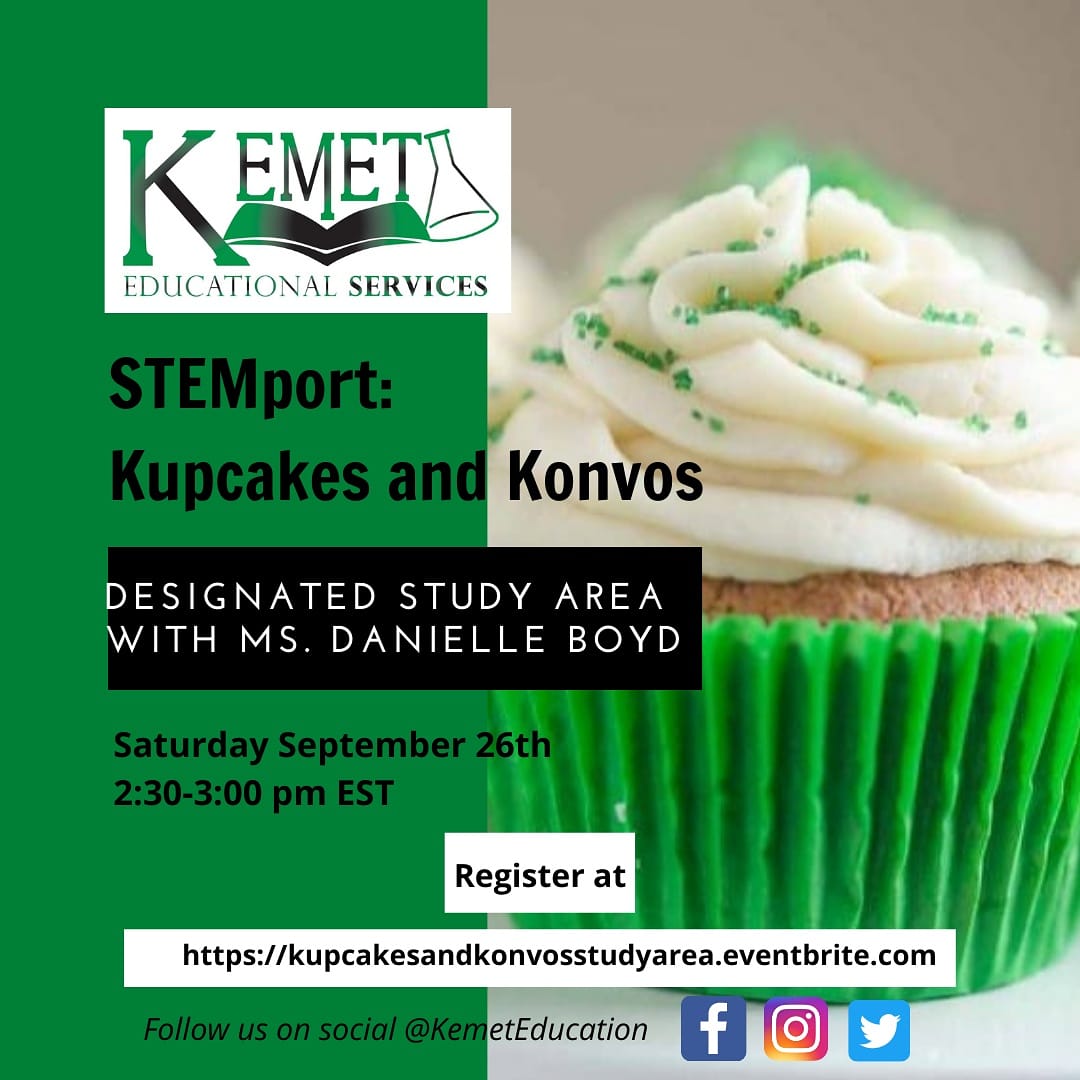 #Parents join us on next Saturday, 9/26 at 2:30 pm EST for our STEMport program's virtual #KupcakesandKonvos Our guest, Ms. Danielle Boyd will talk about the impact of having a designated study area for your kids. Register at …akesandkonvosstudyarea.eventbrite.com #STEMport #ParentingTips