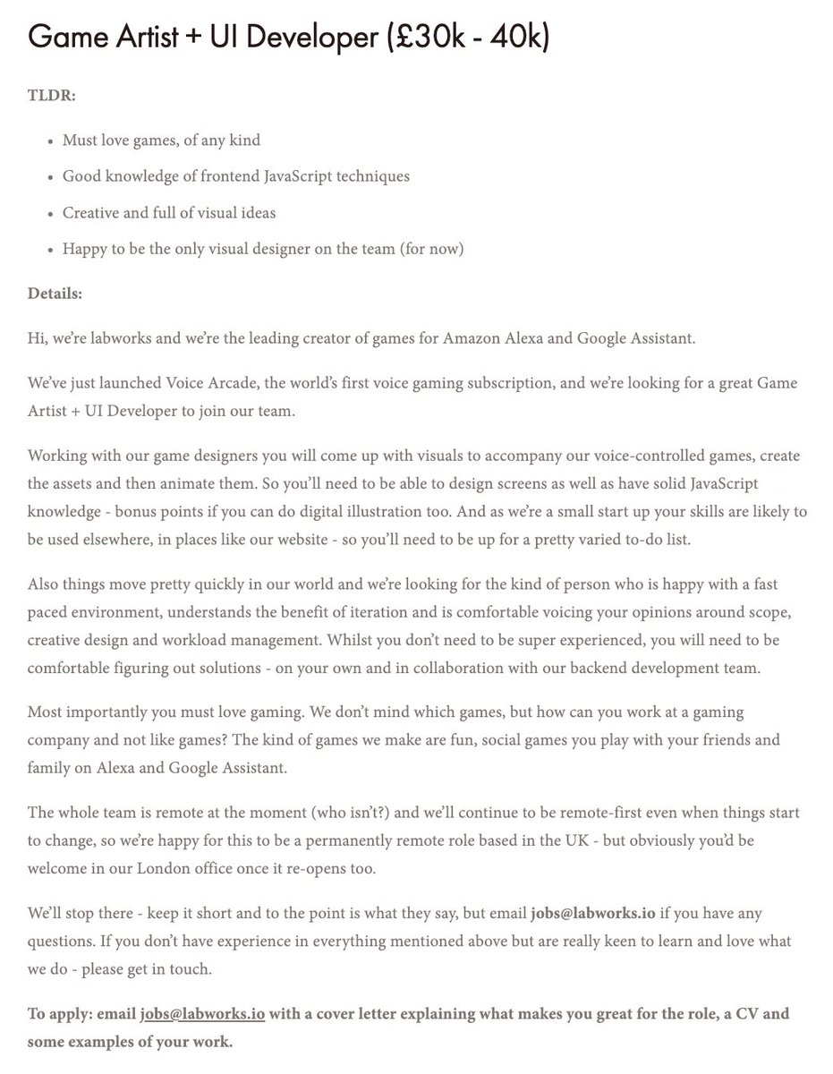 We're hiring! Are you a creative coder with an artistic flair? Come be our new Game Artist + UI developer. London or remote. We're really nice I promise! labworks.io/jobs #gamedevjobs