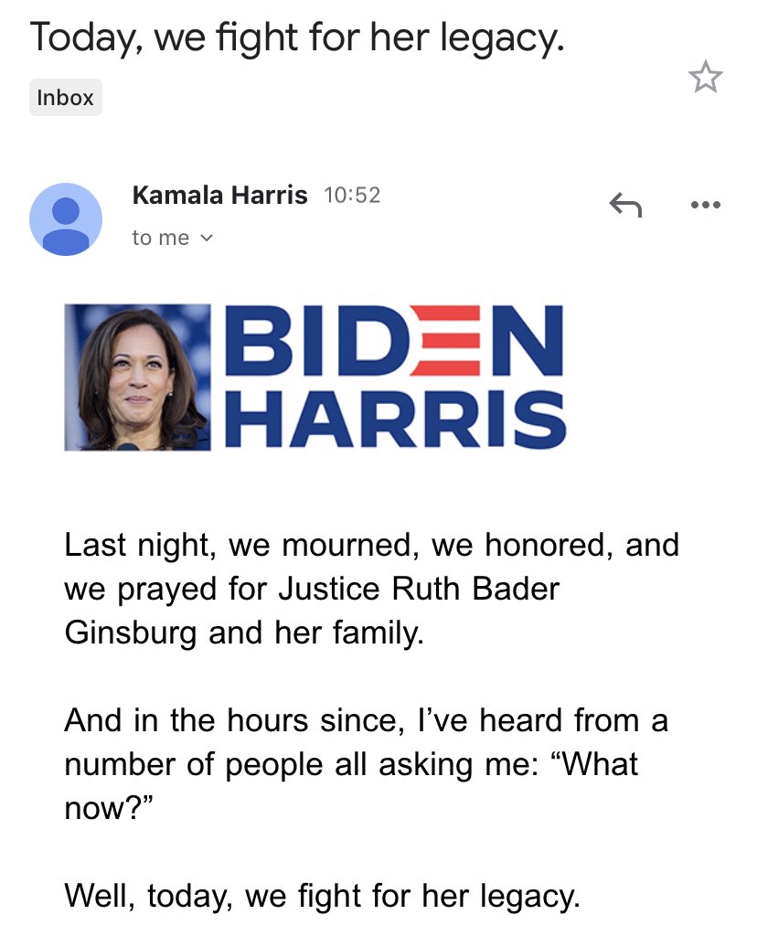 “Today, we fight for her legacy.”. @kamalaharris fundraising this morning for the Biden campaign and  @DSCC, evoking the death of Ruth Bader Ginsberg.Not long ago such political fundraising would’ve been considered churlish. We’re far past that, though.