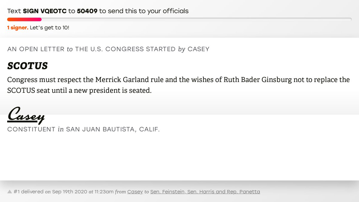 openletterbot's tweet photo. 🖋 Sign “SCOTUS” and I’ll deliver a copy to your officials: https://t.co/SRRmSszOR4

📨 No. 1 is from Casey to @SenFeinstein, @SenKamalaHarris and @RepJimmyPanetta #CA20 #CApolitics #CApol https://t.co/BmUx0vog1n