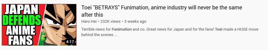 (a lie of commission). Instead, such companies are trying to generate ad revenue off of older/family oriented anime.Further, in another video, he says that Toei's investment in Animelog shows how Japan is trying to fight Funimation. But Toei already did this once before with