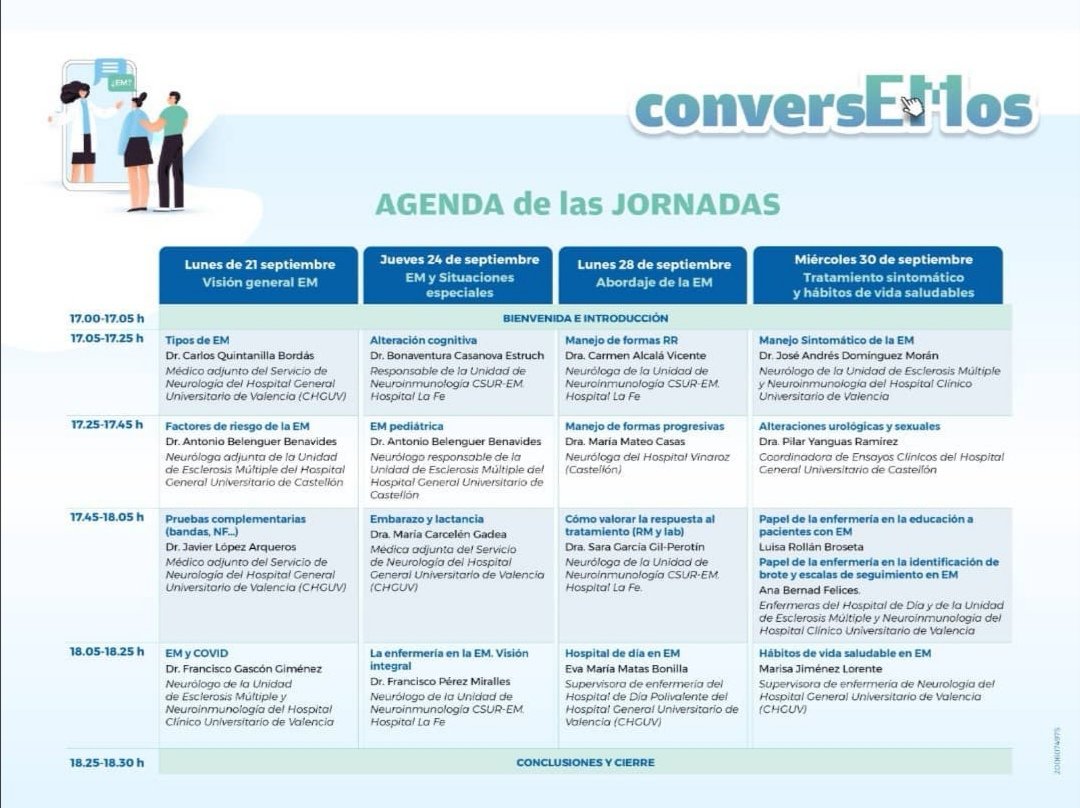 Jornadas online de la #ComunidadValenciana para personas con #EsclerosisMúltiple con una agenda muy variada e interesante 

Los días 2⃣1⃣, 2⃣4⃣, 2⃣8⃣ y 3⃣0⃣ de septiembre

tucuentasmucho.com/conversemos

#EnfermerasEM #Neurología
#EM #NeuroRed