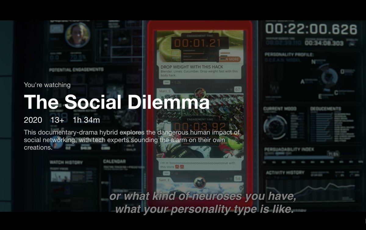 The Social DilemmaRecommended, very-very recommended.Sumber masalah: bisnis model, ekonomi, revenueKomoditas: attention, screen time, clicksTools: artificial intelligenceDampak: fake news, manipulasi, polarisasi, no conversation anymoreLong term: civil warSo what next?