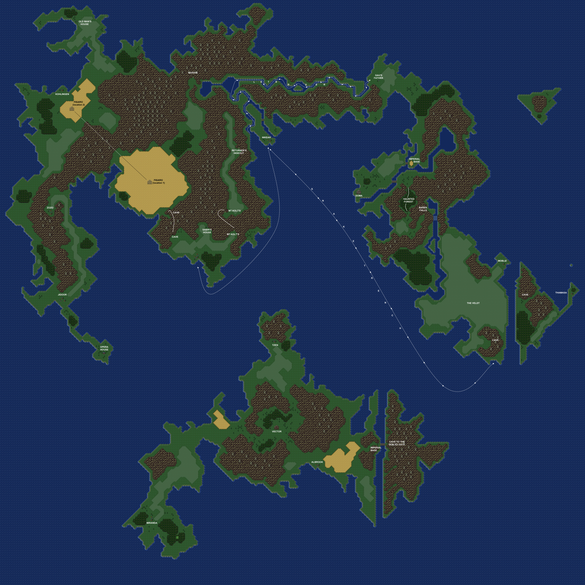 Now, one to 6, one of the more will known world maps.This one is notable for a few things.At a glance, the three land masses configuration is back, and much more obvious this time.Another large desert. Another huge waterfall.However, this one is also unique in-