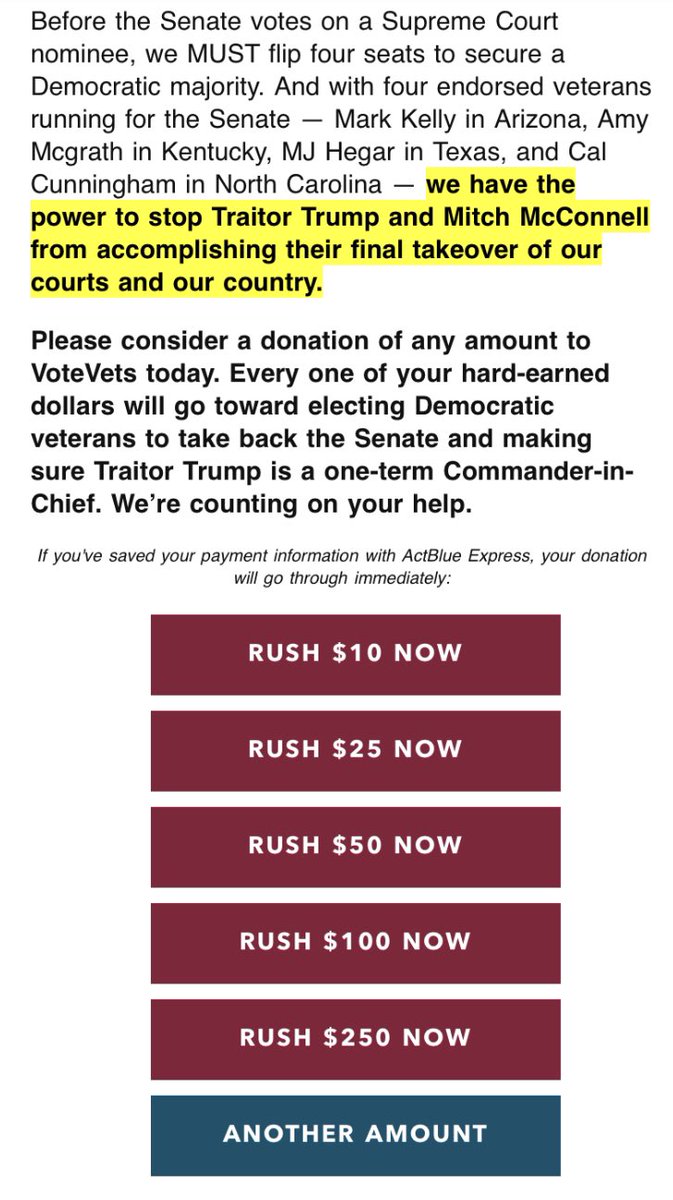 Fundraising message from  @TheDemocrats-supporting  @votevets.