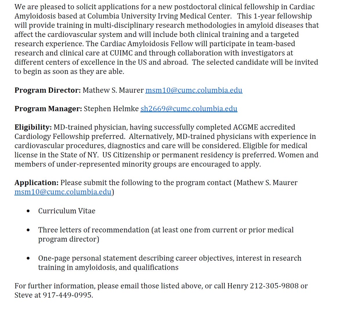 Cardiac Amyloidosis Program seeking candidates for one year post-doctoral fellowship at @ColumbiaMed @nyphospital. Training in multidisciplinary research and team based care with CUIMC depts and other centers of excellence throughout US and abroad. @ColumbiaCardio