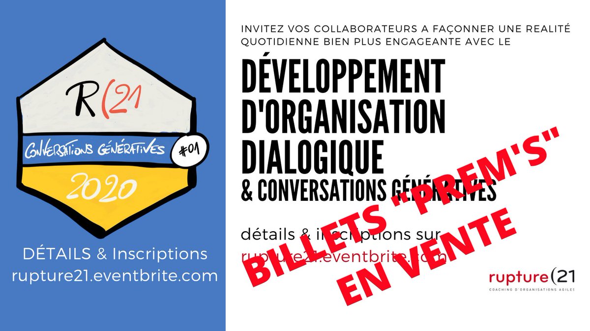 COACHING D'ORGANISATION DIALOGIQUE : Billets PREM'S en vente pour le prochain cycle de la rentrée. Inclus dans le programme : SOLUTION FOCUS, PRATIQUES NARRATIVES, HOST LEADERSHIP, MOBIUS LOOP. Détails et inscriptions sur buff.ly/2z6s2oA. #OnNeLacheRien