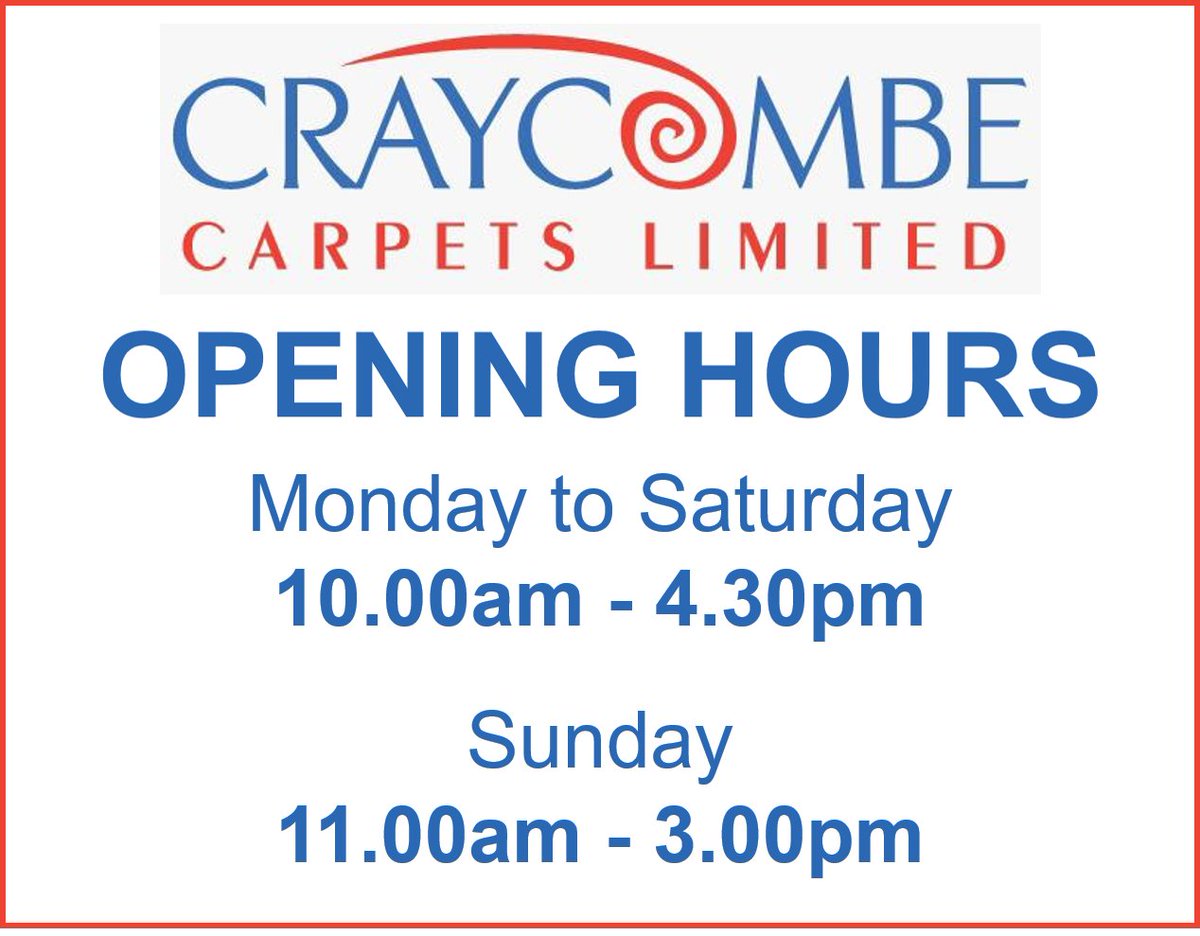 craycombecarpet's tweet photo. OUR OPENING HOURS!

T: 01386 861444
E: sales@craycombecarpets.co.uk
W: https://t.co/8wzGqPx1kT
F: https://t.co/BAvM458zgW

#carpet #flooring #engineeredwood #vinly #lvt #carpetstore #safetyflooring #flooringspecialists #evesham #worcestershire https://t.co/IQSSfHa8r2