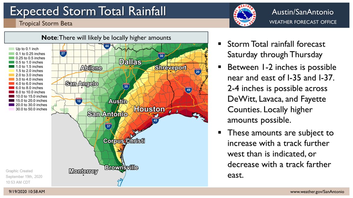 10AM Update on Tropical Storm Beta impacts to South-Central Texas: Increasing chances for rain are expected Sunday afternoon through Tuesday across portions of South-Central Texas in outer rain bands. Confidence remains low in rainfall amounts on west side of system.