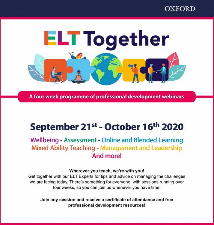 #ELTTogether A four-week programme of professional development webinars! #CPD #webinars 
Click on the link for more information -->
view.pagetiger.com/elt-together-s…