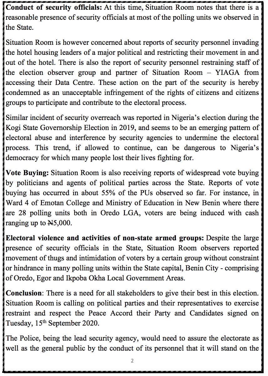 SituationRoomNg's tweet photo. NIGERIA CIVIL SOCIETY SITUATION ROOM INTERIM STATEMENT ON EDO STATE GOVERNORSHIP ELECTION 2020
Issued: In Benin City at 2:00pm, Saturday, 19th September 2020 https://t.co/oONhYsirJz