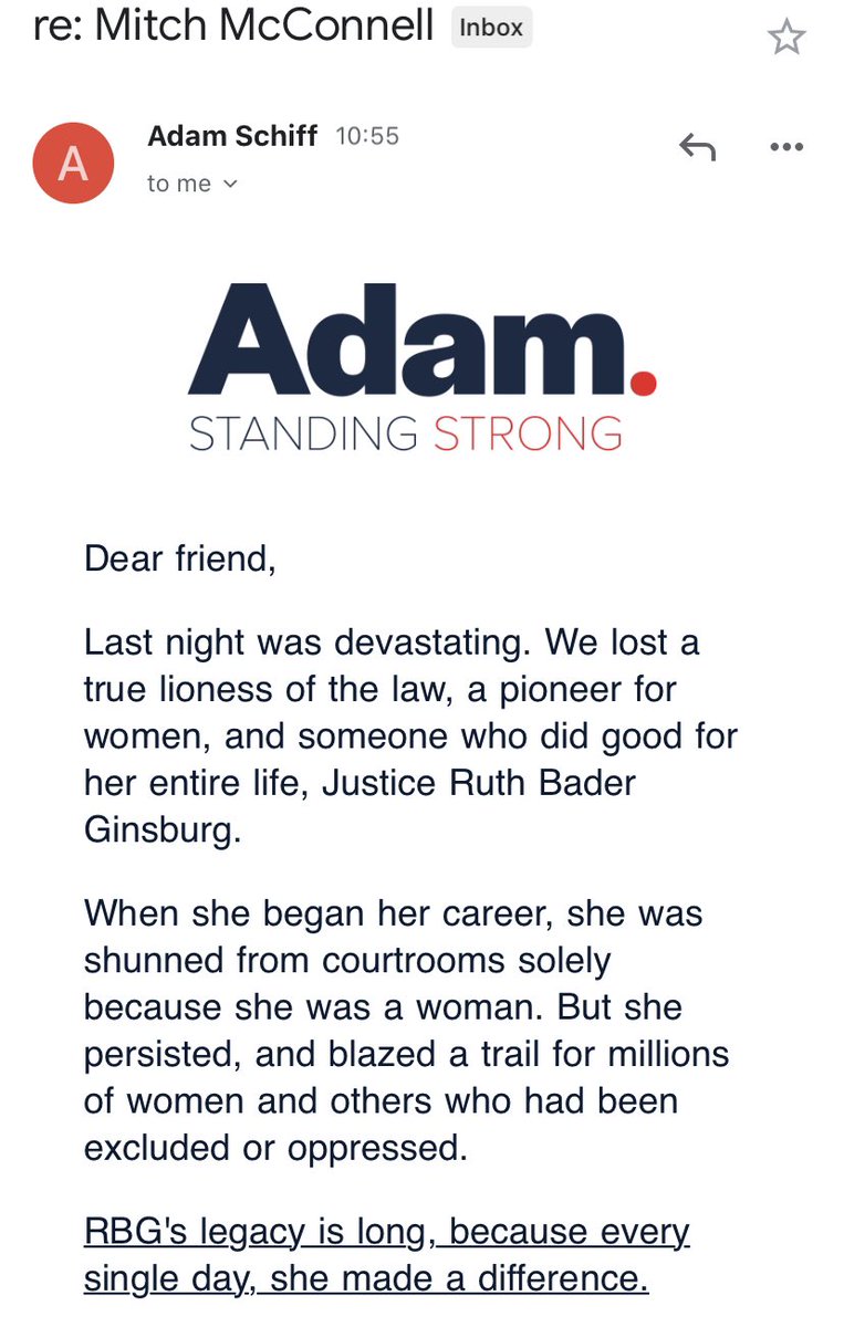 Rep.  @AdamSchiff with an RBG-themed fundraising message. Asking for money for  @ossoff  @stevebullockmt  @Hickenlooper  @harrisonjaime  @GreenfieldIowa  @CaptMarkKelly  @SaraGideon  @CalforNC and himself.