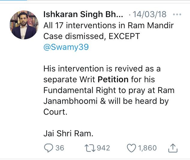 Now about Swαmy's petition for Ram Mandir about Fundamental Right to Worship was thrown in the dustbin by the Supreme Court. We have discussed this topic many times. Despite this, lshkaran kept spreading lies about the petition and linked it to the victory of Ram Mandir.