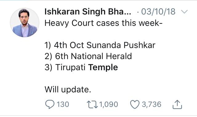 Honest RW messiah said on October 2018 that he will update us on-Sunanda Pushkar case-National Herald-Tirupati TempleNow almost October 2020 has arrived and we are still waiting for the updates 