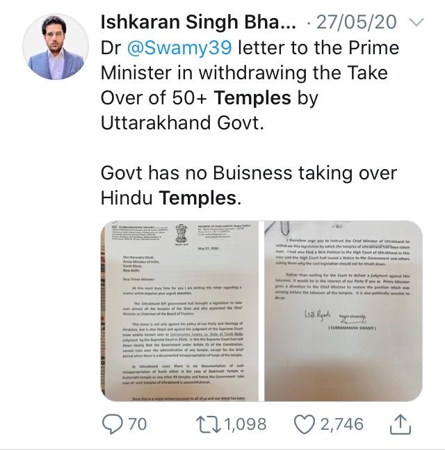 Swαmy and lshkaran again ran a slander campaign against Modi Gov this time for taking over the temples in UttarakhandThis petition was rejected by Uttarakhand High CourtTime & again been proven that Char Dham development remains big project of Modi, explained by  @alok_bhatt