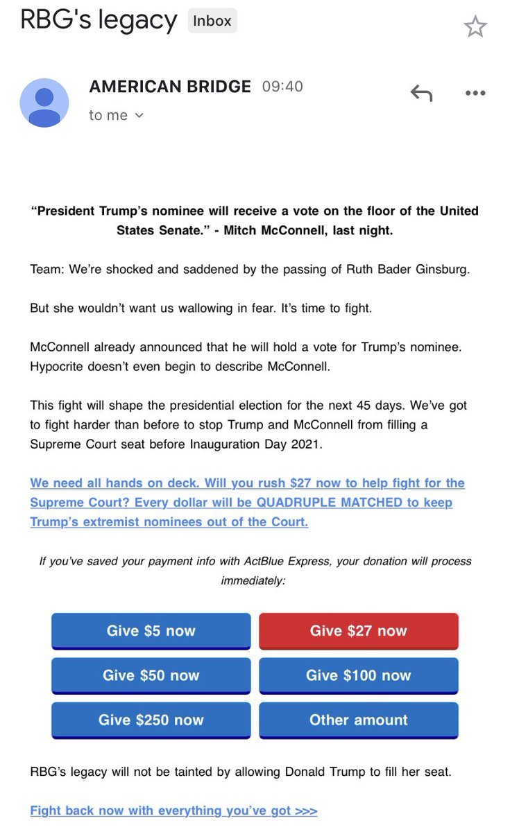 “Will you rush $27 now ...”Pro- @joebiden super PAC  @American_Bridge with an RBG-themed political solicitation.