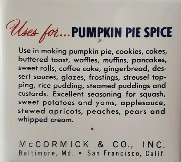 Pumpkin pie spice, also cake spice tips (McCormick, ca. early 1970s)