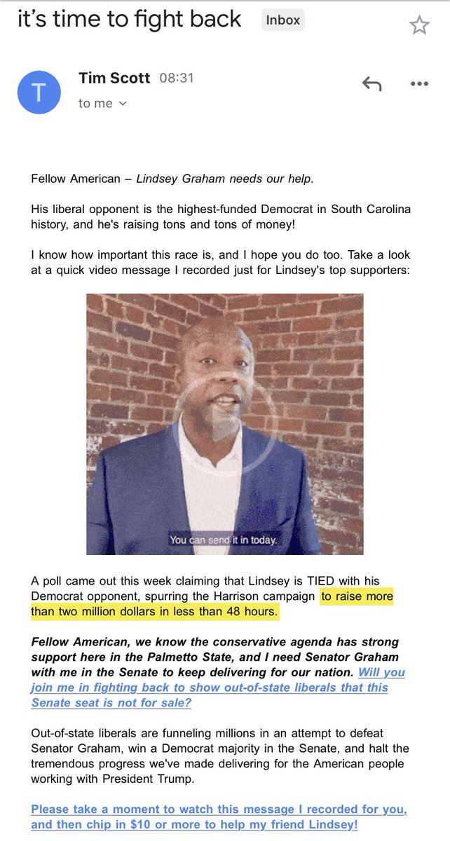 This fundraising message from Sen.  @TimScottSC doesn’t specifically mention RBG, but it’s all about  @LindseyGrahamSC, who’s in the middle of a massive s-storm at the moment.