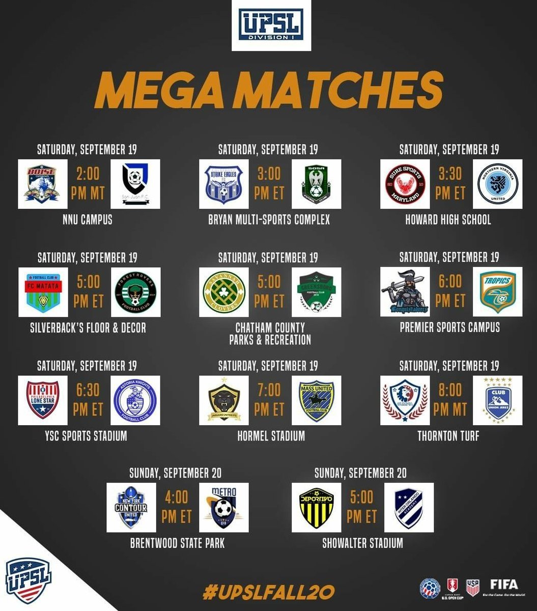UPSLsoccer's tweet photo. The biggest matches among the 3️⃣5️⃣ total this weekend 🔥

View full schedule 👉 https://t.co/TumDWRfcq8

#UPSLFall20 #Schedule #MegaMatches https://t.co/66ZCUweLS3