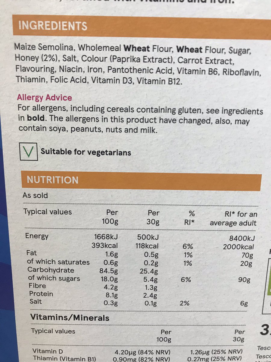 Well done @Tesco for that clear and visible label on front of packet warning about a change in “May contain”. #allergyapplause #foodallergy #maycontain