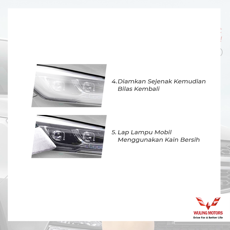 Penampilan mobil dpt terganggu dg lampu kusam &amp; menguning. Selain itu, memungkinkan berkurangnya pencahayaan saat berkendara malam hari. Pemilik bs saja menggantinya, namun hnya dg melakukan hal berikut, lampu mobil Anda akan terlihat spt baru!

#WulingMotors #DriveForABetterLife