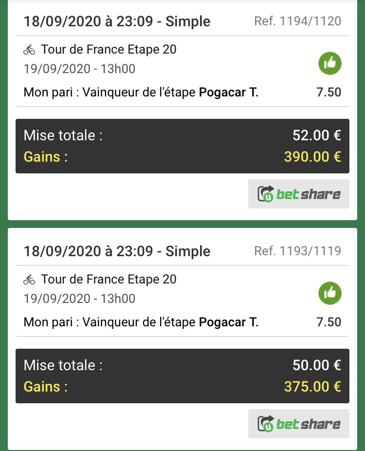 Emeric_CTH's tweet image. 🚨Une nouvelle fois tout était annoncé ce matin j’espère que vous avez suivi les amis, un sans faute sur toute cette dernière semaine du #TDF2020 nouveau braquage c’est monstrueuuux on s’approche des 28k€ de gain en 1 semaine😱💰

RT en massseee😍😍 
#TeamParieur @UnibetFrance🚵🏼‍♂️