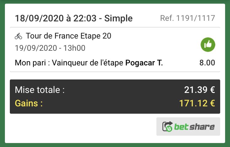 Emeric_CTH's tweet image. 🚨Une nouvelle fois tout était annoncé ce matin j’espère que vous avez suivi les amis, un sans faute sur toute cette dernière semaine du #TDF2020 nouveau braquage c’est monstrueuuux on s’approche des 28k€ de gain en 1 semaine😱💰

RT en massseee😍😍 
#TeamParieur @UnibetFrance🚵🏼‍♂️