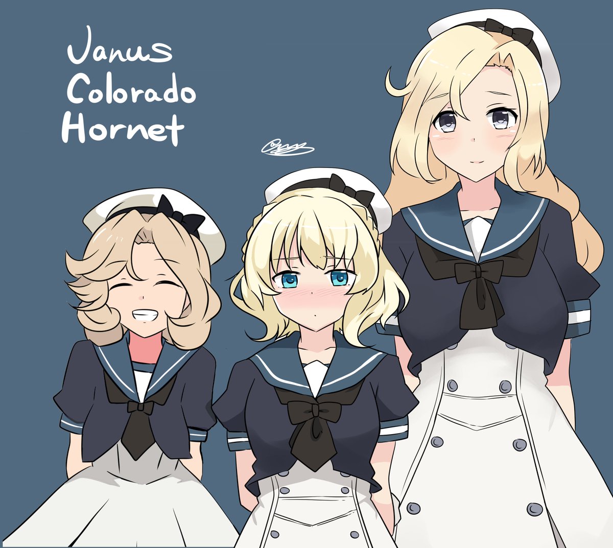 colorado (kancolle) ,jervis (kancolle) multiple girls sailor dress 3girls blonde hair dress hat short hair  illustration images