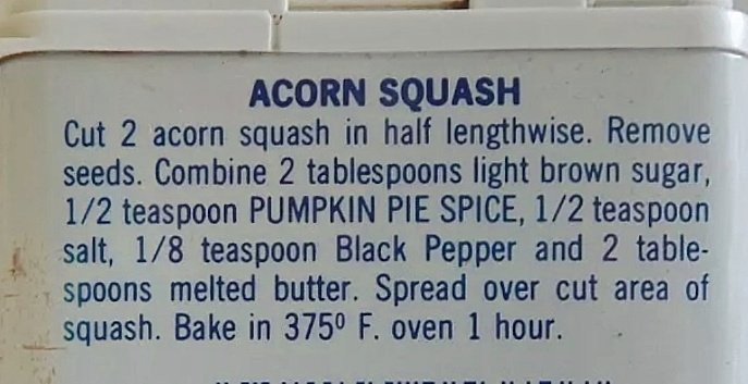 Acorn Squash recipe and pumpkin pie spice tips (McCormick, ©1977)