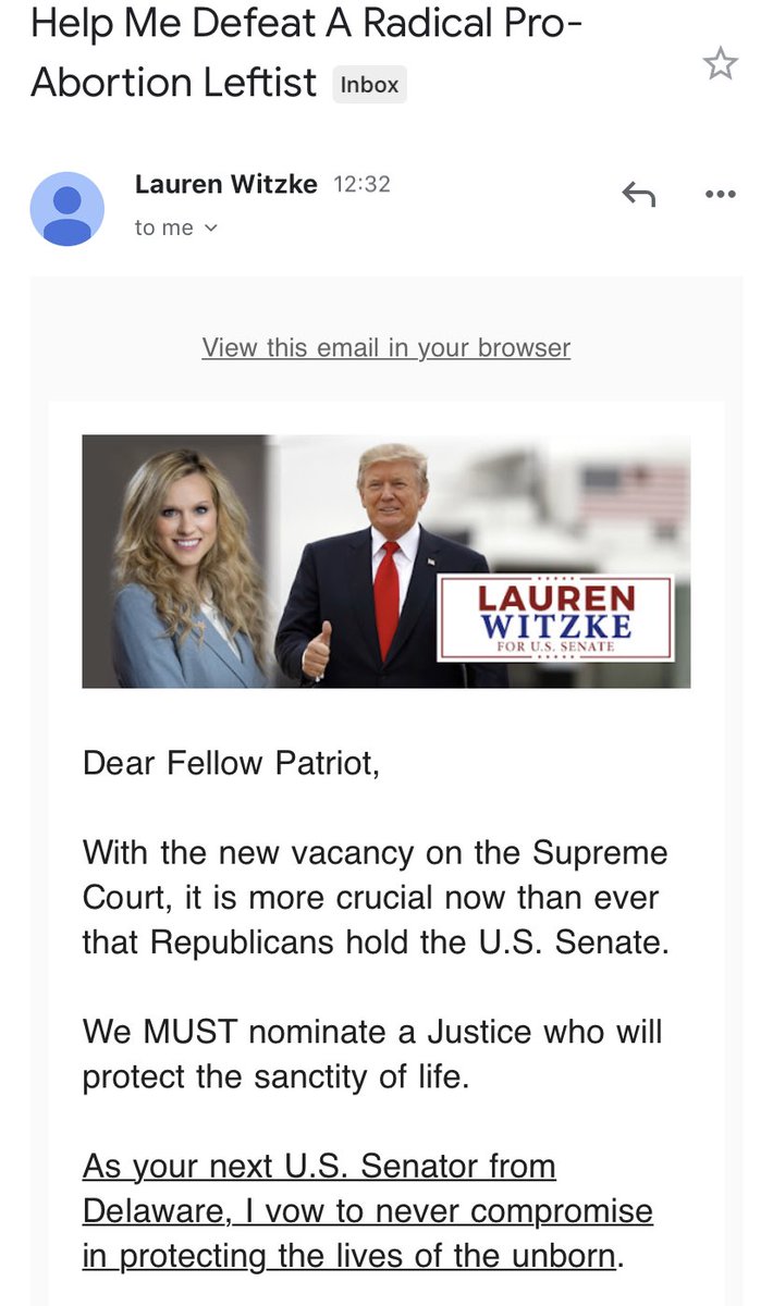 “With the new vacancy on the Supreme Court, it is more crucial now than ever that Republicans hold the U.S. Senate.”Solicitation from  @LaurenWitzkeDE, the Republican nominee for U.S. Senate in Delaware: