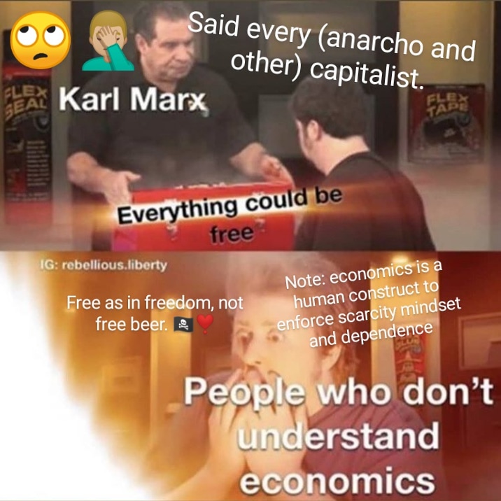 aeblm2's tweet photo. Any form of capitalism is a human construct to assert scarcity and enforce dependence. Transactional economics will forever constrain society. Any "money" only assumes value because "society agreed" on that value. Time to wake up and create a free(dom) based universe. https://t.co/LIE7LhT3OH