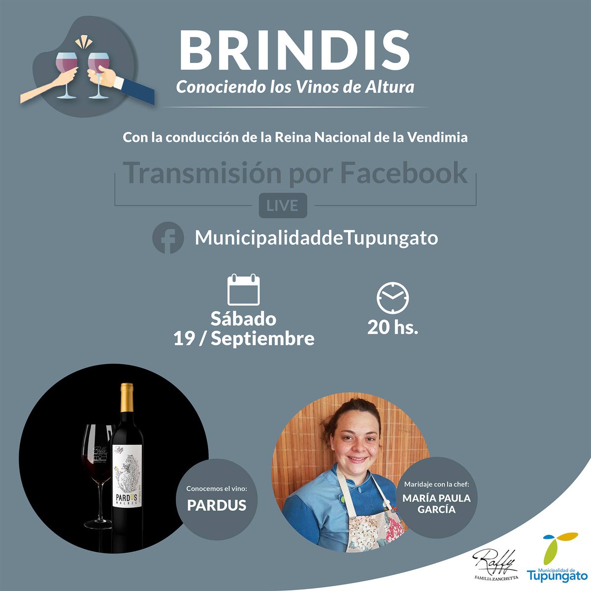 RaffyZanchetta's tweet photo. Nuestro malbec #Pardus participará en #Brindis, un programa de @MuniTupungato en el que se presentan #VinosDeAltura de la región 🍾🍷
Será hoy 19/9 a partir de las 20 hs. en el Facebook de la Municipalidad 🕗
https://t.co/nTl5epEq6D
#BodegaRaffy #RaffyZanchetta #VinoArgentino https://t.co/5keFWMJQ5J