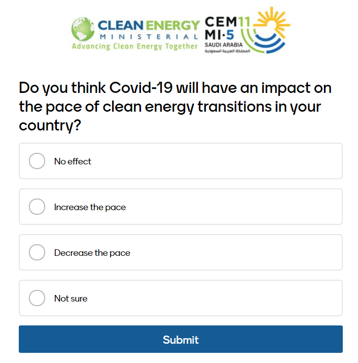 CEMSecretariat's tweet photo. Polling time! #CEM11 in 2 days! Join our ministers and watch it livestream Four quick questions 👇👇👇👇click here https://t.co/cRWmYk86mr Our Ministers would like to hear what you think of #CleanEnergyFuture #CleanEnergyMinisterial by #CleanEnergyCommunity https://t.co/N7RYq3TS4Q