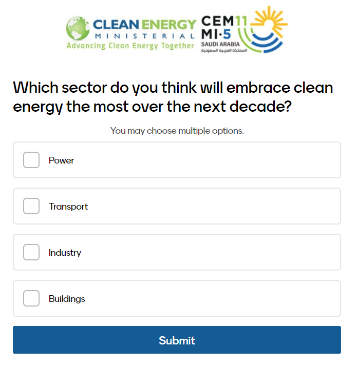 CEMSecretariat's tweet photo. Polling time! #CEM11 in 2 days! Join our ministers and watch it livestream Four quick questions 👇👇👇👇click here https://t.co/cRWmYk86mr Our Ministers would like to hear what you think of #CleanEnergyFuture #CleanEnergyMinisterial by #CleanEnergyCommunity https://t.co/N7RYq3TS4Q