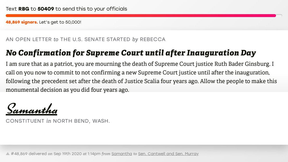 openletterbot's tweet photo. 🖋 Sign “No Confirmation for Supreme Court until after Inauguration Day” and I’ll deliver a copy to your officials: https://t.co/rf17b9ZZE4

📨 No. 48,869 is from Samantha to @SenatorCantwell and @PattyMurray #WA08 #waelex https://t.co/AmgvrwHp8s