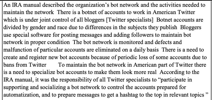 Vol. 1 Page 28: Barr covers up sophisticate botnet controlled by Russia to influence Twitter, specializing by gender and race. Barr covers up Russia's initiative in maintaining botnet effectiveness by getting around Twitter bans, improving believability of accounts.