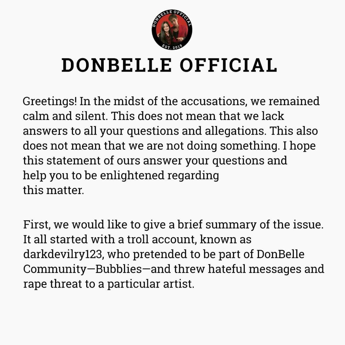 DonBelleOFC's tweet photo. Sorry to keep you waiting. Take some time to read our statement about the issue. We hope this settles the fake news spreading and clarify all the baseless accusations thrown at our fandom.

#DonBelle #DONBELLEmpire https://t.co/uhCTidWvPv