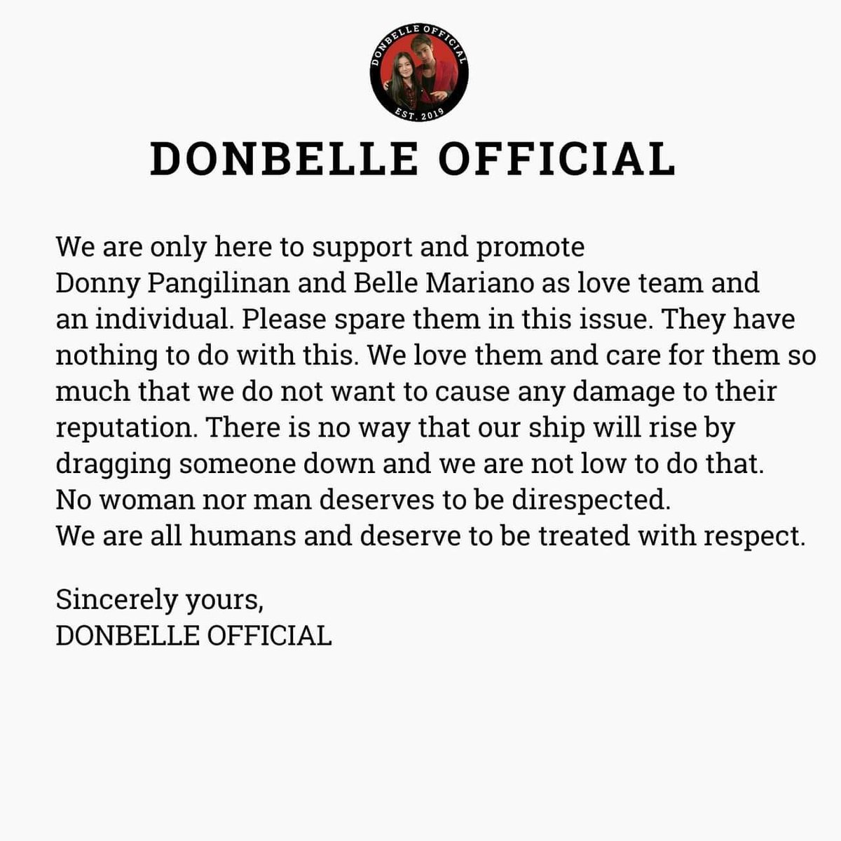 DonBelleOFC's tweet photo. Sorry to keep you waiting. Take some time to read our statement about the issue. We hope this settles the fake news spreading and clarify all the baseless accusations thrown at our fandom.

#DonBelle #DONBELLEmpire https://t.co/uhCTidWvPv
