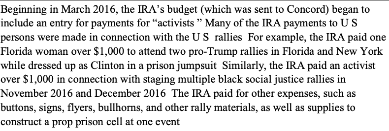 Vol. 1 Page 32: Barr hides Russia's PAYMENT IN 2016 OF U.S. PERSONS TO PARTICIPATE IN RALLIES, FOR EXAMPLE WHILE PORTRAYING HILLARY CLINTON IN A PRISON JUMPSUIT