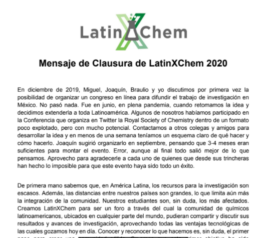Mensaje de Clausura de LatinXChem dado por <a href="/theochemmerida/">Gabriel Merino</a> y <a href="/nanoprofe/">Miguel A. Méndez-Rojas</a>.

drive.google.com/file/d/1tlf359…
