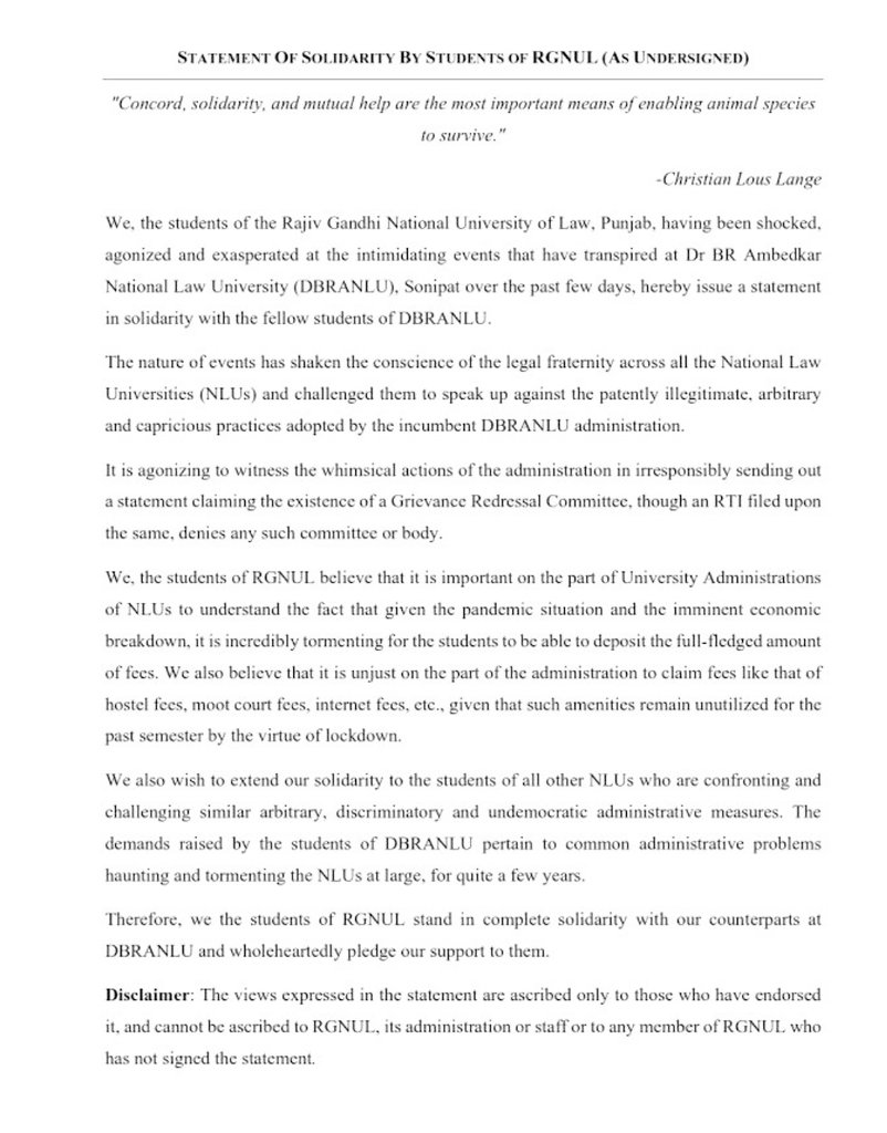 VoiceRGNUL's tweet photo. Students of RGNUL have issued a Statement in Solidarity with the students at @dbranlu_sc and have extended their support in students' struggle for rights. https://t.co/PiQXj3ZQym