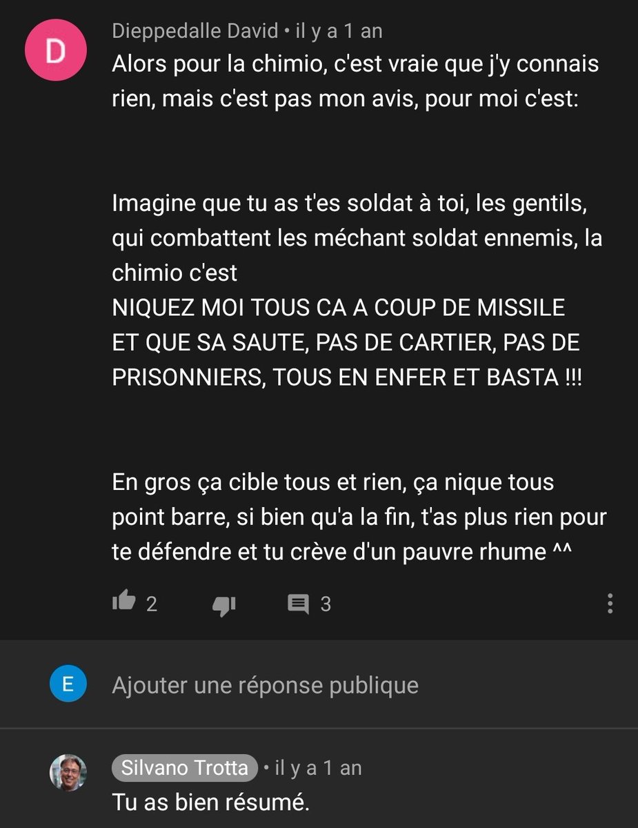 Voici des réponses en capture Il encourage, à la Casasnovas, cette dame (1er Screen) à prendre des jus de légumes, de fruits, du lavement au café (oui) pour un cancer récalcitrant. La méthode est celle de Gerson et Kelley. Voici un lien qui en parle :  https://www.lasantenaturelle.net/la-cure-anti-cancer-de-gerson-et-kelley/