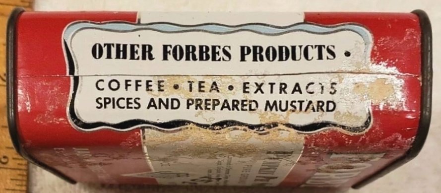 Pumpkin pie recipe and pumpkin pie spice tips (Forbes / Jas. H. Forbes Tea & Coffee Co., cardboard and tin, 15¢)