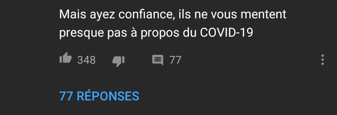 Résultat Il y a 3,7k commentaires (en moyenne/video), le lien est au dessus et je ne suis pas descendu bien loin pour voir qu'on propage la bonne parole, des personnes déstabilisées en rupture avec la réalité que lui-même a perdu avec le temps et le nombre d'abonnés croissant.