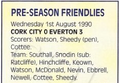 #91 Cork City 0-3 EFC - Aug 1, 1990. Harvey’s final pre-season as boss saw him take EFC on a tour of Ireland. First up were Cork City. EFC won 3-0 with goals from Cottee, Watson & a penalty from Kevin Sheedy who received a heroes welcome after his Italia 90 exploits.  @CorkEverton