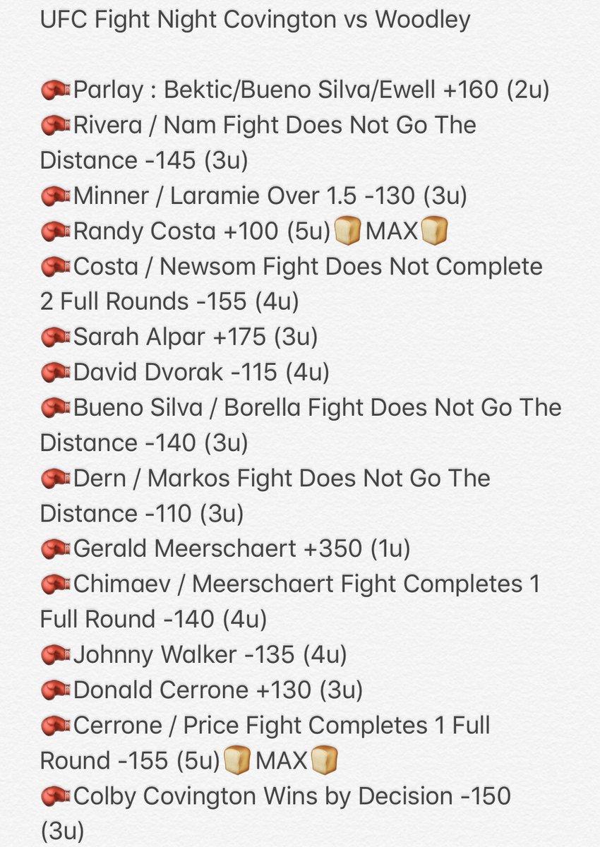 CornbreadLocks's tweet photo. Laid off the rest of the week in anticipation for tonight. We have ourselves a STACKED Fight Night!
Here is tonight’s #UFC Wager card
#InCornbreadWeTrust🌽🍞 https://t.co/aKOvwjyhmP